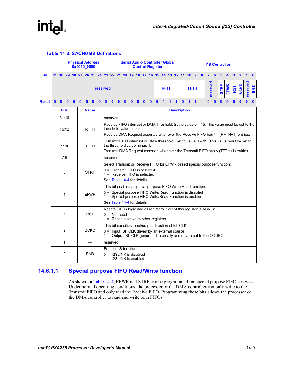 1 special purpose fifo read/write function, Sacr0 bit definitions -9, Table 14-3 | Intel PXA255 User Manual | Page 497 / 600