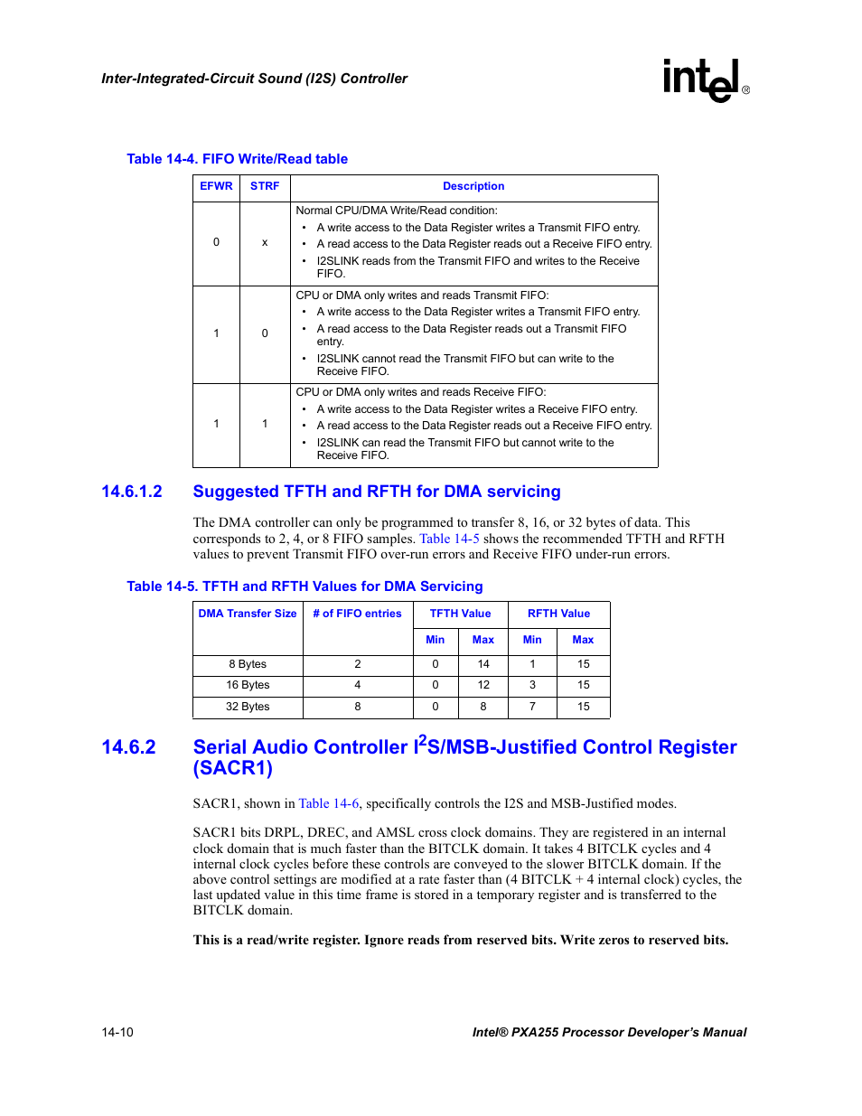 2 suggested tfth and rfth for dma servicing, Fifo write/read table -10, Tfth and rfth values for dma servicing -10 | Section 14.6.2, Section 14.6.1.2, Table 14-4, For det, 2 serial audio controller i, S/msb-justified control register (sacr1) | Intel PXA255 User Manual | Page 498 / 600