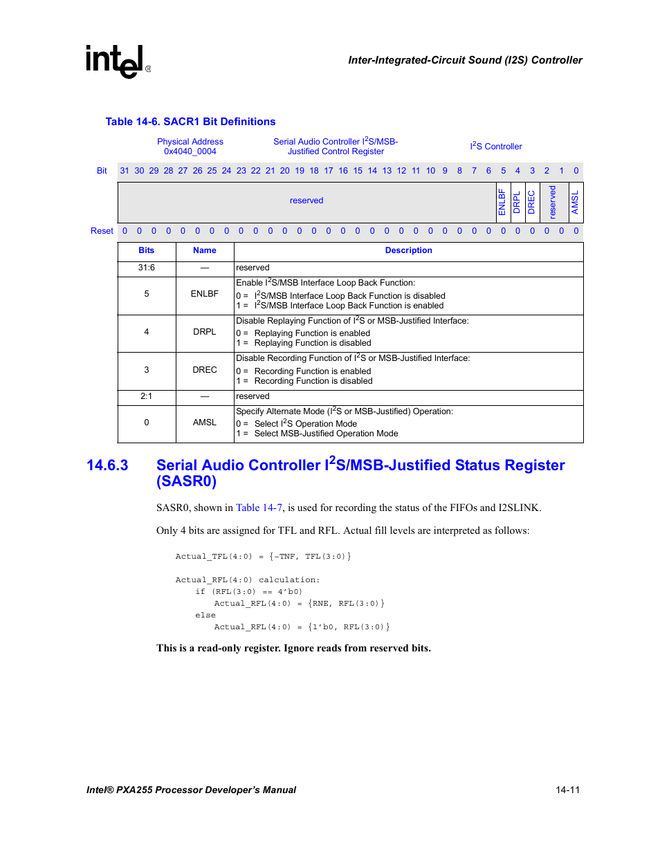 Sacr1 bit definitions -11, Section 14.6.3, N in | Table 14-6, 3 serial audio controller i, S/msb-justified status register (sasr0) | Intel PXA255 User Manual | Page 499 / 600