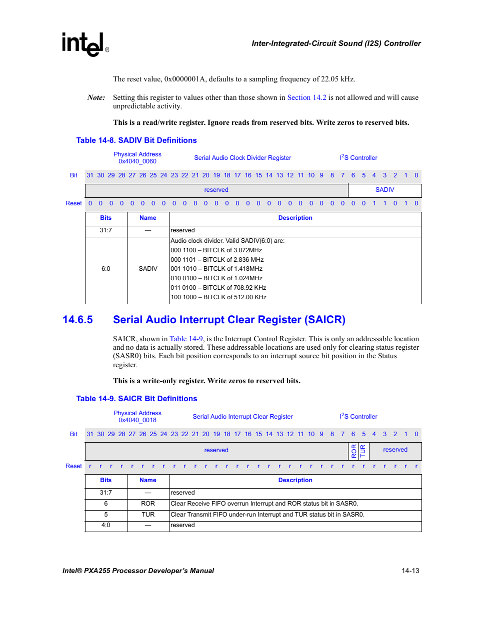 5 serial audio interrupt clear register (saicr), Sadiv bit definitions -13, Saicr bit definitions -13 | Section 14.6.5 | Intel PXA255 User Manual | Page 501 / 600