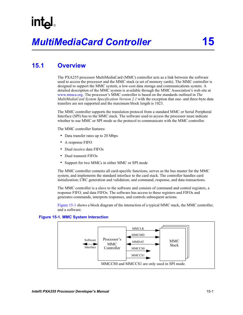 Multimediacard controller 15, 1 overview, Multimediacard controller -1 15.1 overview -1 | Mmc system interaction -1, Multimediacard controller | Intel PXA255 User Manual | Page 505 / 600