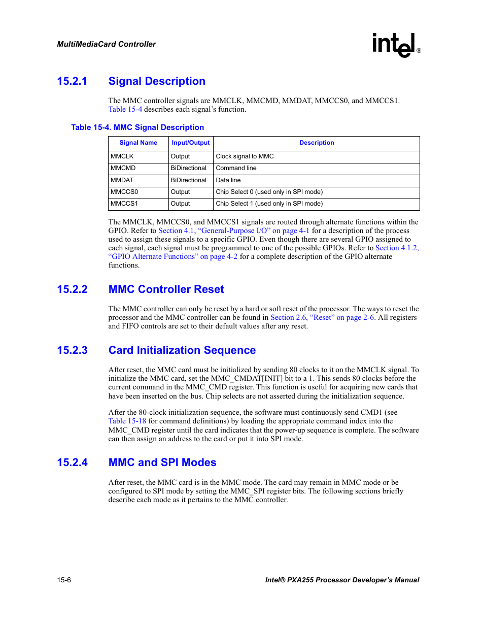 1 signal description, 2 mmc controller reset, 3 card initialization sequence | 4 mmc and spi modes, Mmc signal description -6 | Intel PXA255 User Manual | Page 510 / 600