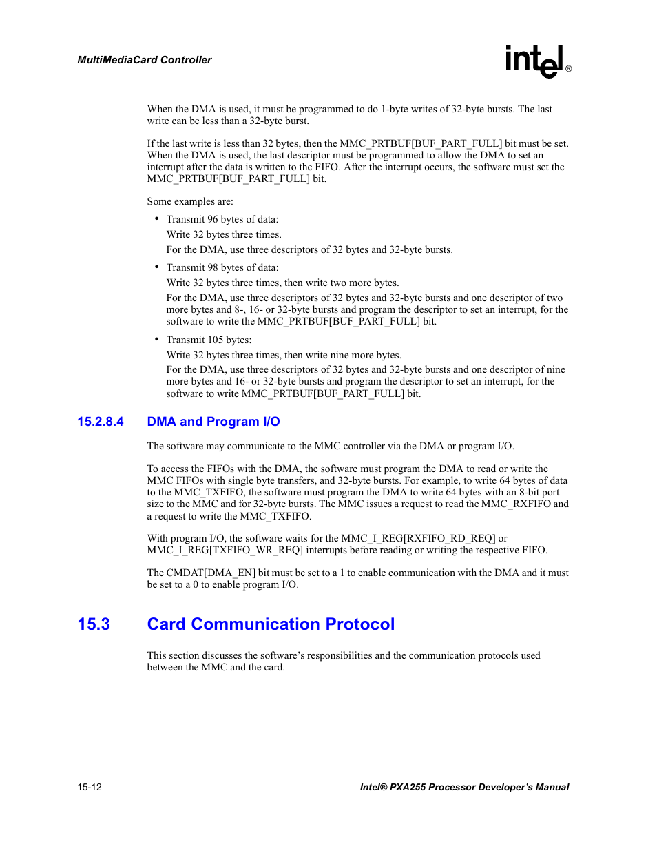 4 dma and program i/o, 3 card communication protocol, 3 card communication protocol -12 | Intel PXA255 User Manual | Page 516 / 600