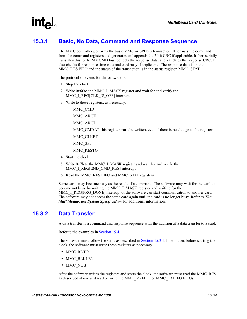 1 basic, no data, command and response sequence, 2 data transfer | Intel PXA255 User Manual | Page 517 / 600