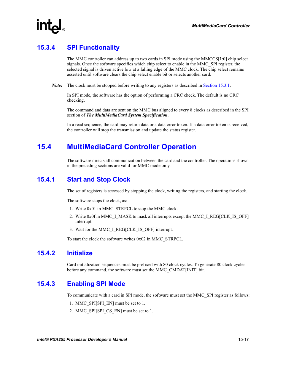 4 spi functionality, 4 multimediacard controller operation, 1 start and stop clock | 2 initialize, 3 enabling spi mode, 4 spi functionality -17, 4 multimediacard controller operation -17 | Intel PXA255 User Manual | Page 521 / 600