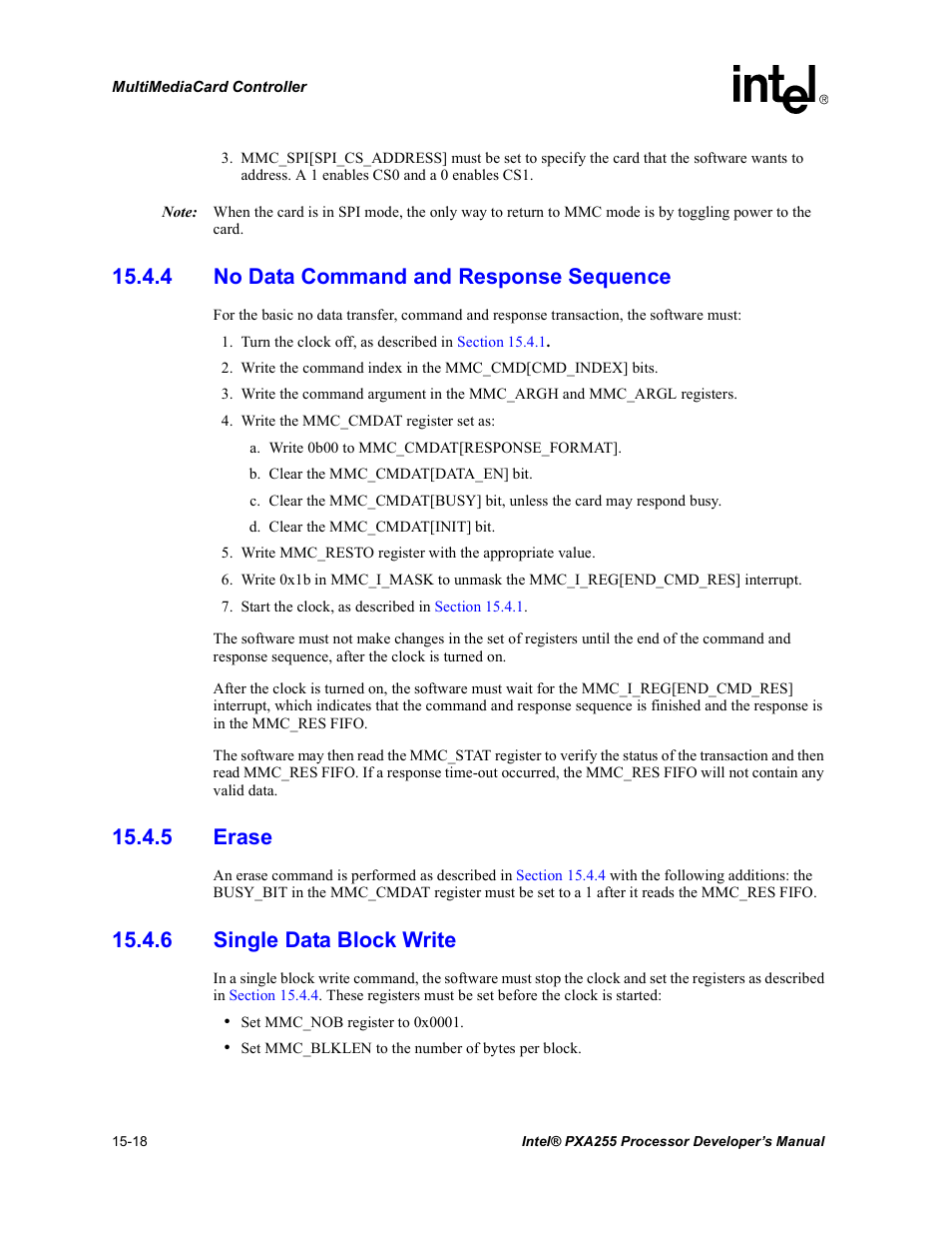 4 no data command and response sequence, 5 erase, 6 single data block write | Intel PXA255 User Manual | Page 522 / 600