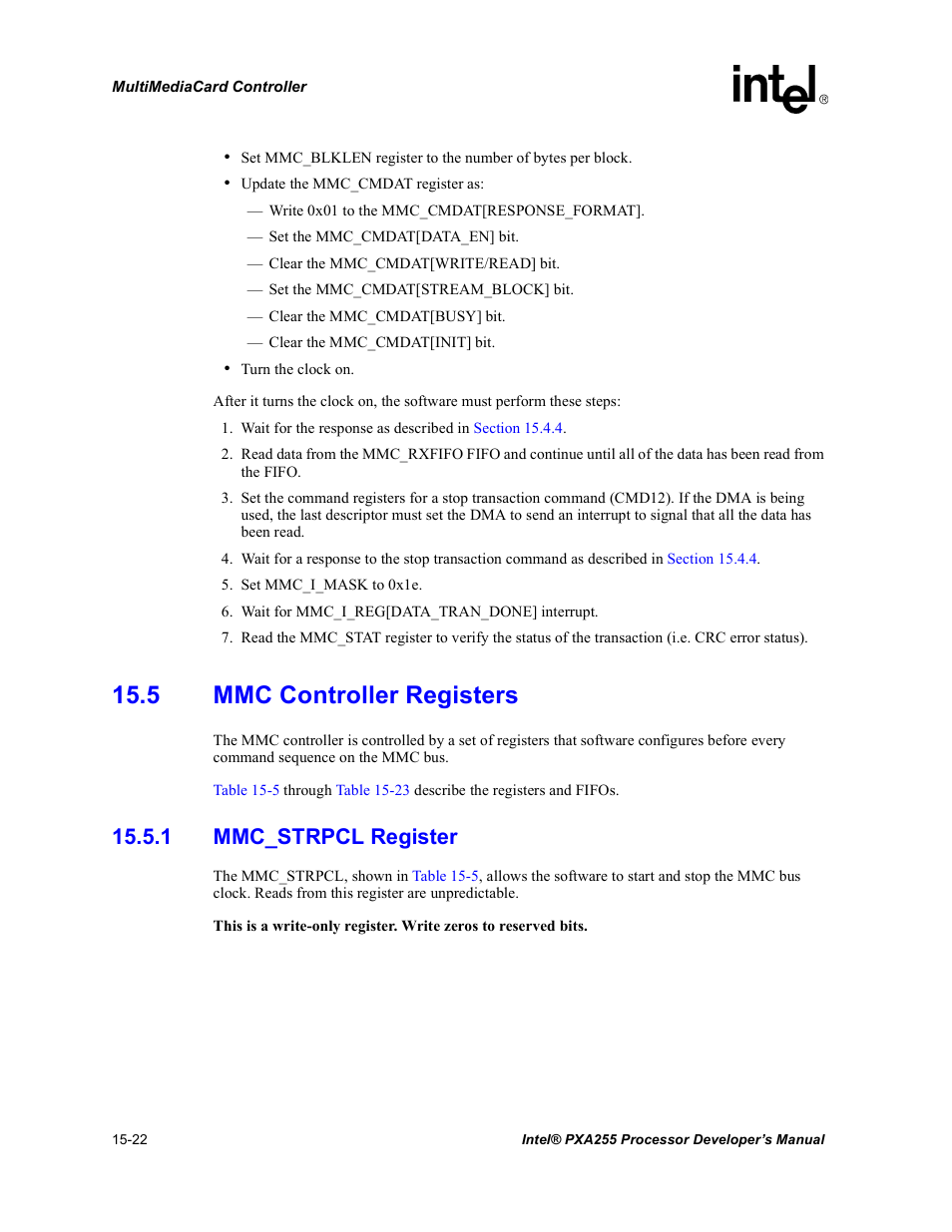 5 mmc controller registers, 1 mmc_strpcl register, 5 mmc controller registers -22 | 1 mmc_strpcl register -22 | Intel PXA255 User Manual | Page 526 / 600