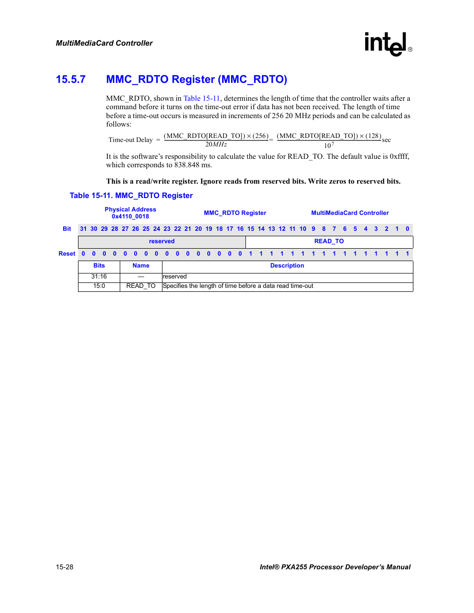 7 mmc_rdto register (mmc_rdto), 7 mmc_rdto register (mmc_rdto) -28, 11 mmc_rdto register -28 | Intel PXA255 User Manual | Page 532 / 600