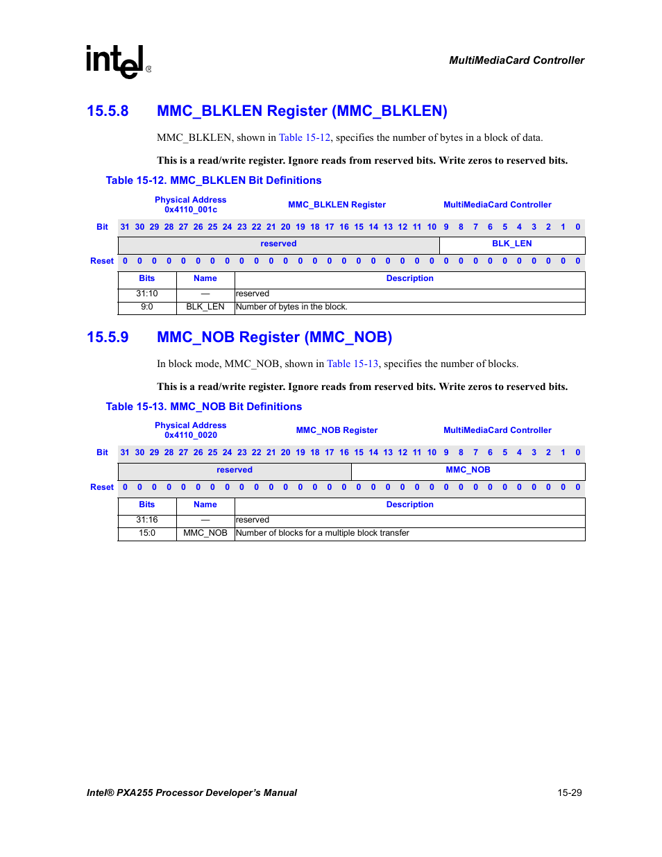 8 mmc_blklen register (mmc_blklen), 9 mmc_nob register (mmc_nob) | Intel PXA255 User Manual | Page 533 / 600