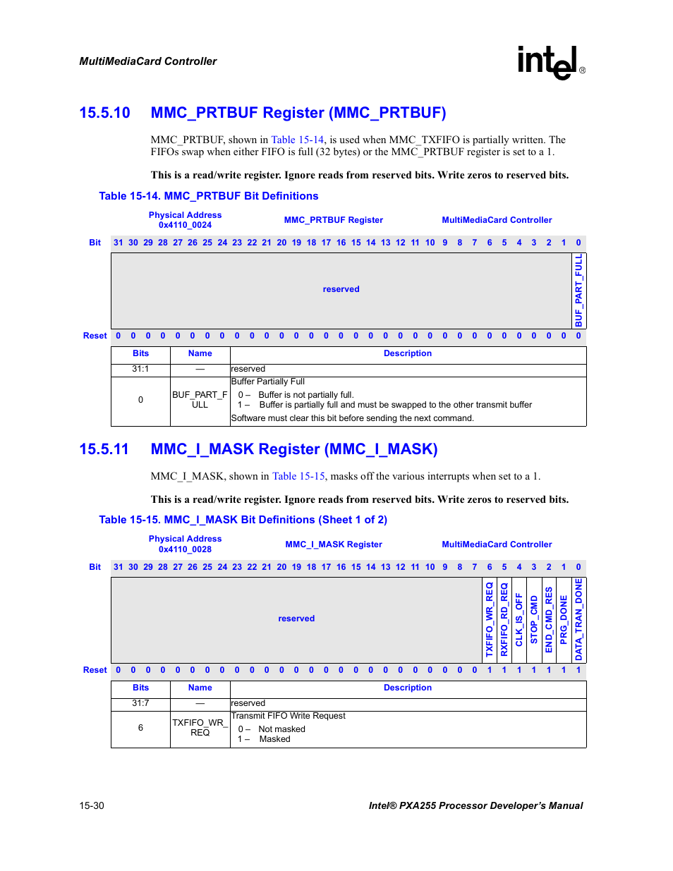 10 mmc_prtbuf register (mmc_prtbuf), 11 mmc_i_mask register (mmc_i_mask), Section 15.5.11 | Intel PXA255 User Manual | Page 534 / 600