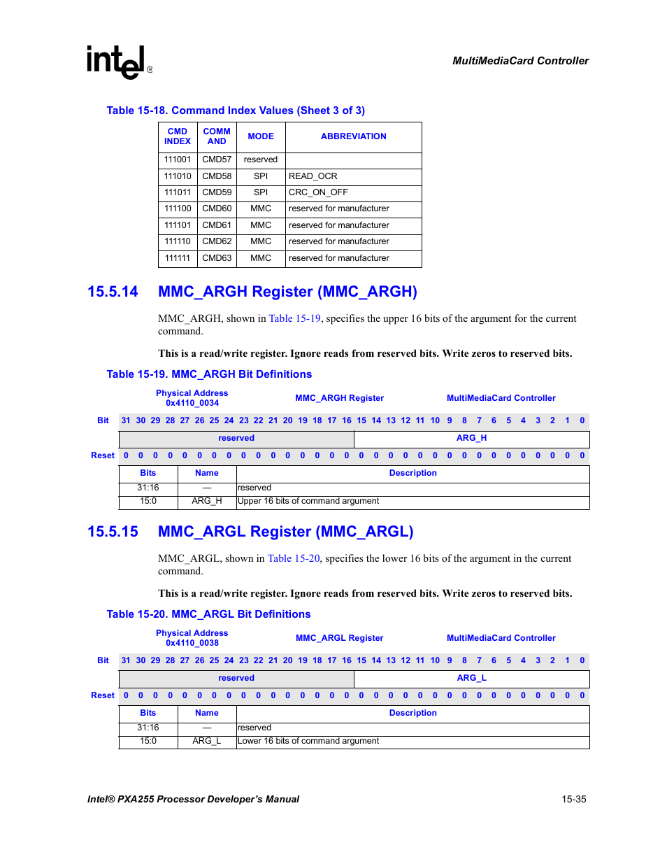 14 mmc_argh register (mmc_argh), 15 mmc_argl register (mmc_argl) | Intel PXA255 User Manual | Page 539 / 600