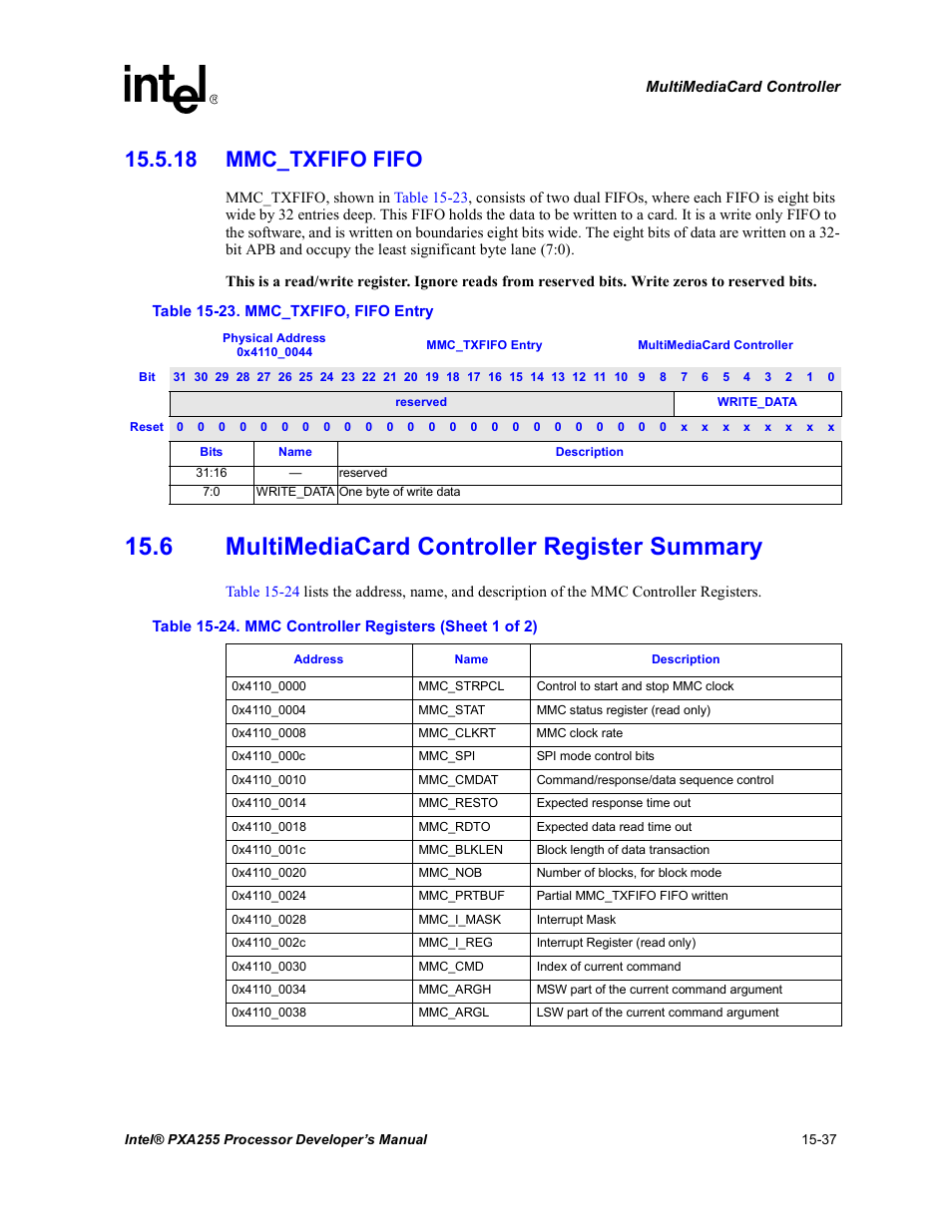 18 mmc_txfifo fifo, 6 multimediacard controller register summary, 18 mmc_txfifo fifo -37 | 6 multimediacard controller register summary -37, Table 15-23 | Intel PXA255 User Manual | Page 541 / 600