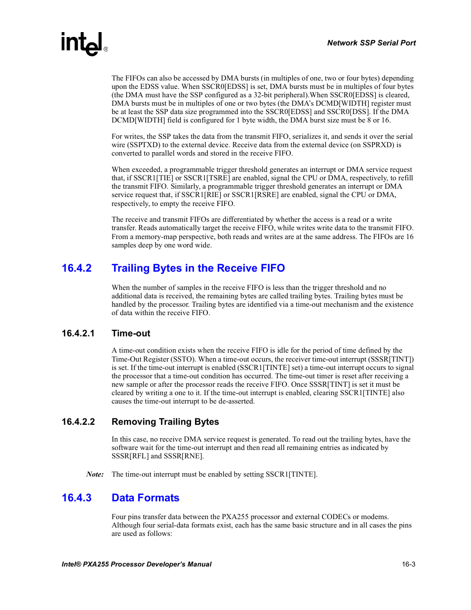 2 trailing bytes in the receive fifo, 1 time-out, 2 removing trailing bytes | 3 data formats | Intel PXA255 User Manual | Page 545 / 600