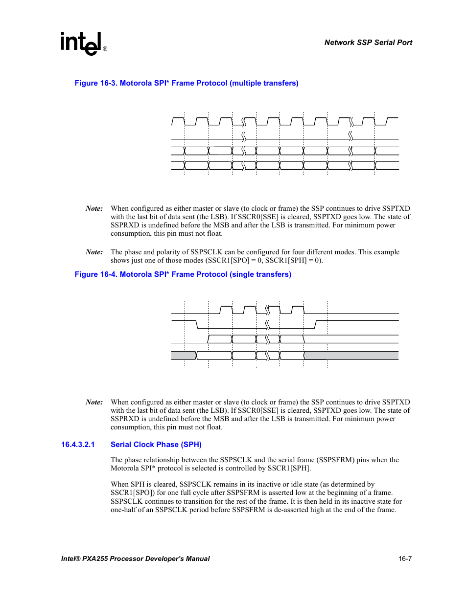 Motorola spi* frame protocol (single transfers) -7, Section 16.4.3.2.1, Figure 16-3 | Figure 16-4 | Intel PXA255 User Manual | Page 549 / 600