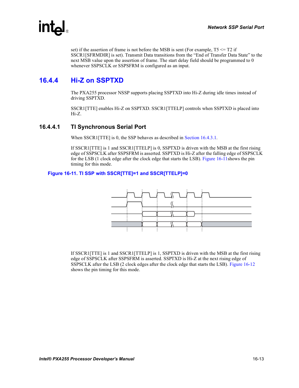 4 hi-z on ssptxd, 1 ti synchronous serial port, 4 hi-z on ssptxd -13 | 11 ti ssp with sscr[tte]=1 and sscr[ttelp]=0 -13 | Intel PXA255 User Manual | Page 555 / 600