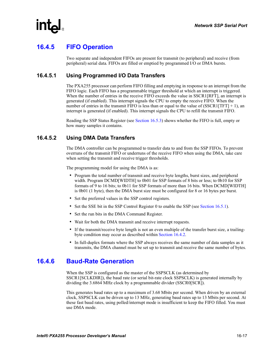 5 fifo operation, 1 using programmed i/o data transfers, 2 using dma data transfers | 6 baud-rate generation | Intel PXA255 User Manual | Page 559 / 600