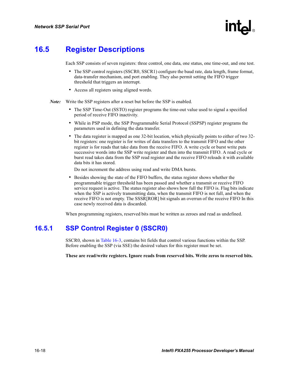 5 register descriptions, 1 ssp control register 0 (sscr0), 5 register descriptions -18 | 1 ssp control register 0 (sscr0) -18, Section 16.5.1 | Intel PXA255 User Manual | Page 560 / 600