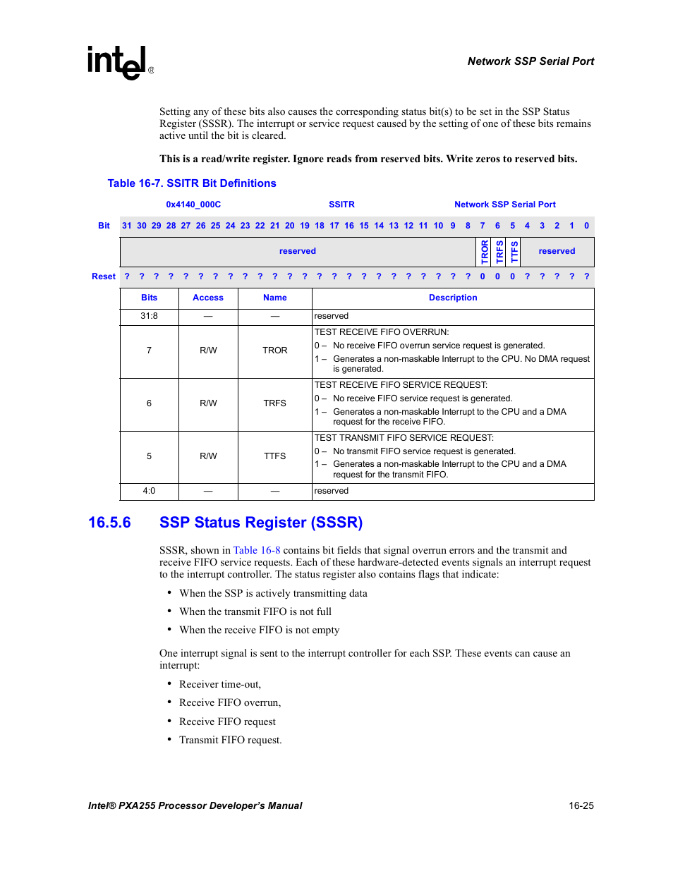 6 ssp status register (sssr), 6 ssp status register (sssr) -25, Ssitr bit definitions -25 | Intel PXA255 User Manual | Page 567 / 600