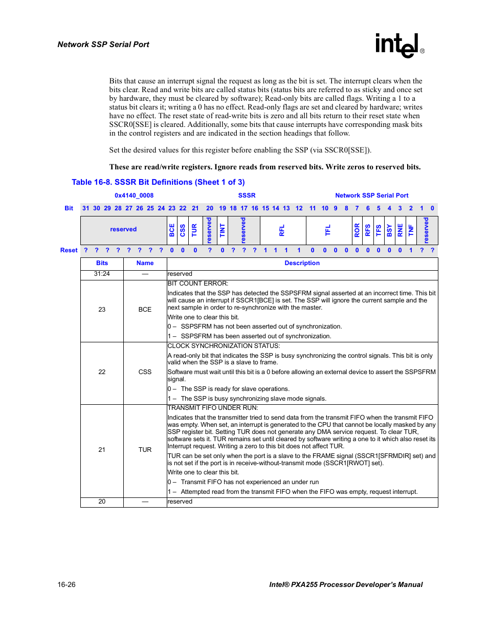 Sssr bit definitions -26 | Intel PXA255 User Manual | Page 568 / 600