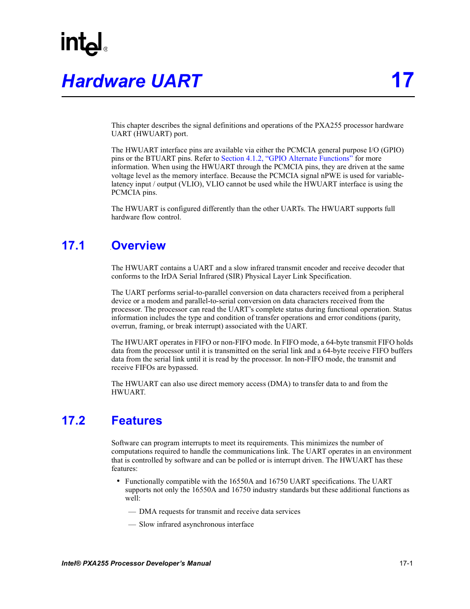 Hardware uart 17, 1 overview, 2 features | Hardware uart -1 17.1 overview -1 17.2 features -1, Hardware uart | Intel PXA255 User Manual | Page 573 / 600