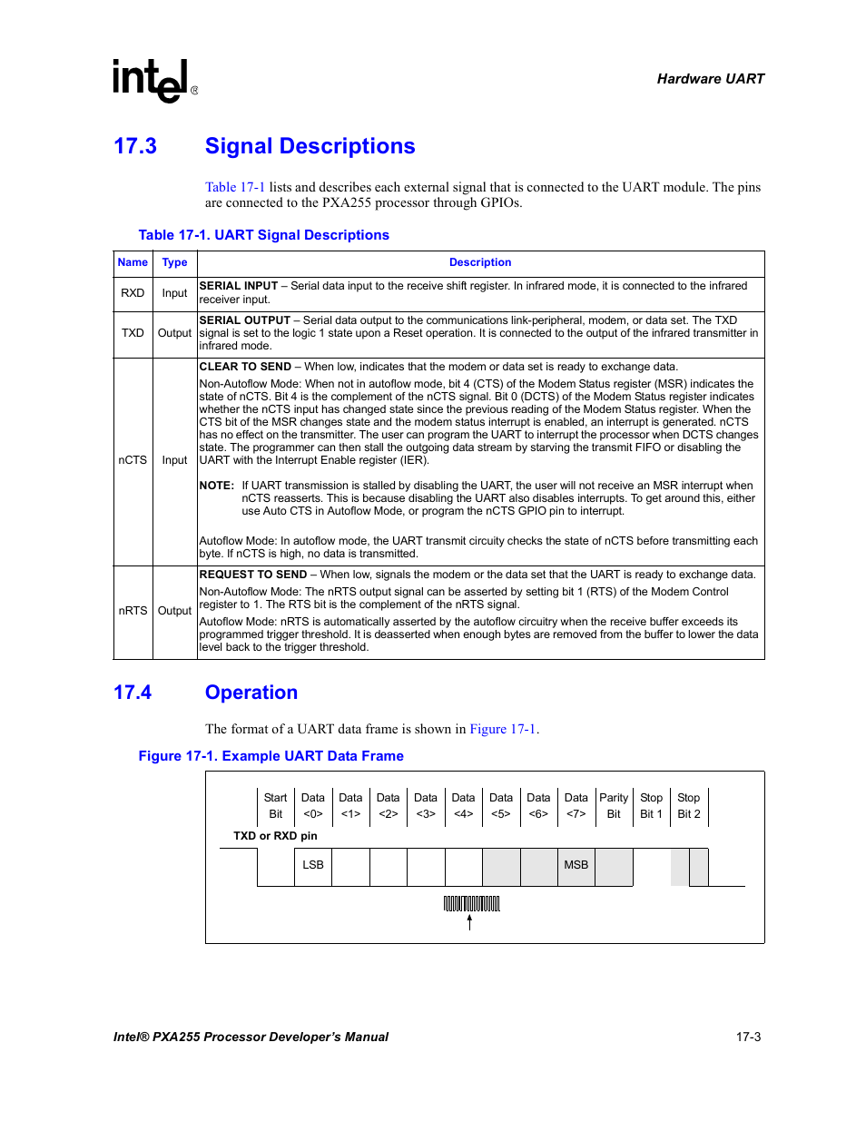 3 signal descriptions, 4 operation, 3 signal descriptions -3 17.4 operation -3 | Example uart data frame -3, Uart signal descriptions -3 | Intel PXA255 User Manual | Page 575 / 600