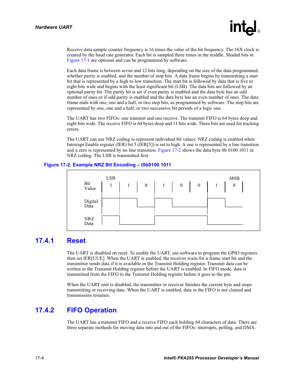 1 reset, 2 fifo operation, 1 reset -4 17.4.2 fifo operation -4 | Example nrz bit encoding – (0b0100 1011 -4 | Intel PXA255 User Manual | Page 576 / 600