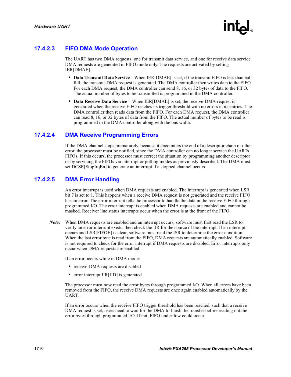 3 fifo dma mode operation, 4 dma receive programming errors, 5 dma error handling | Intel PXA255 User Manual | Page 578 / 600