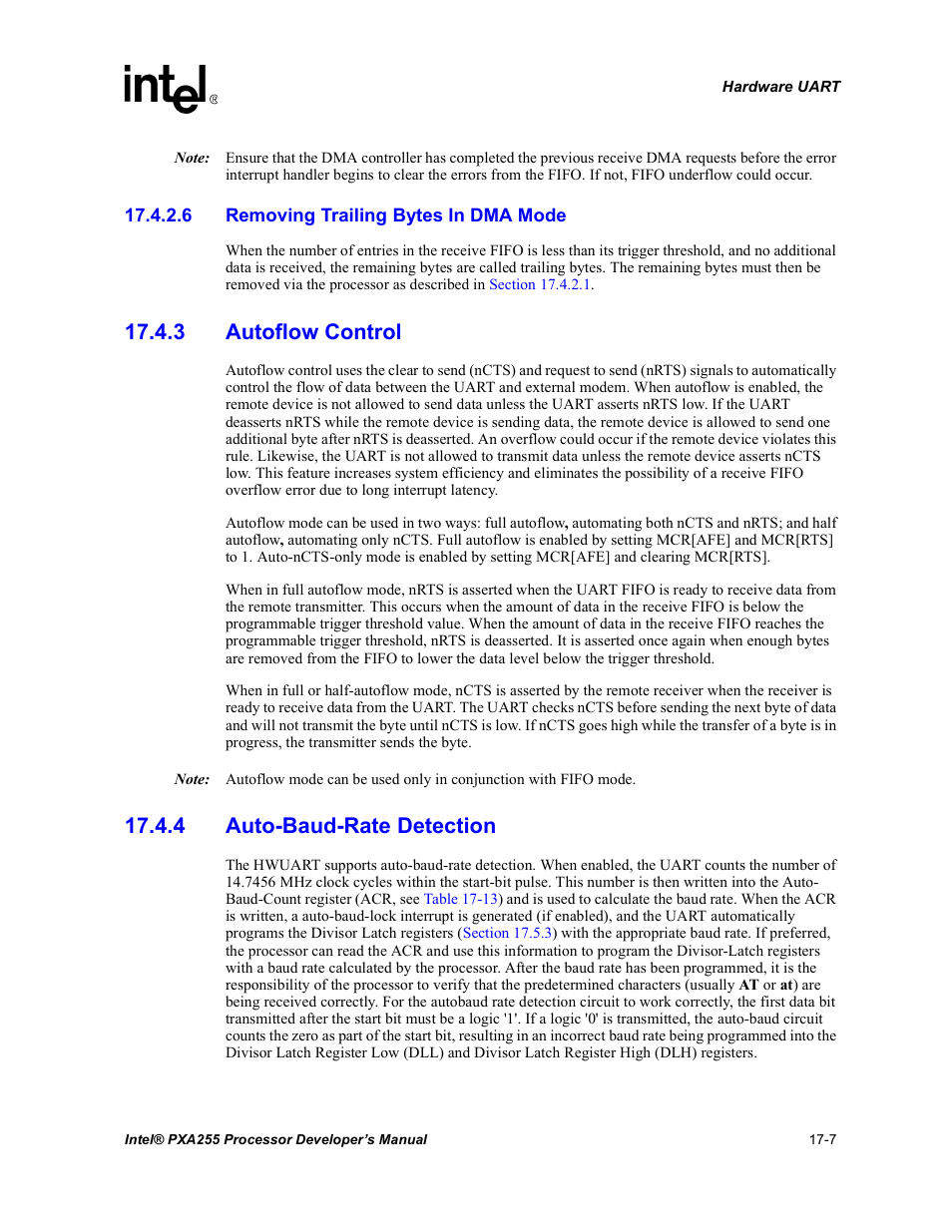 6 removing trailing bytes in dma mode, 3 autoflow control, 4 auto-baud-rate detection | 3 autoflow control -7, 4 auto-baud-rate detection -7 | Intel PXA255 User Manual | Page 579 / 600