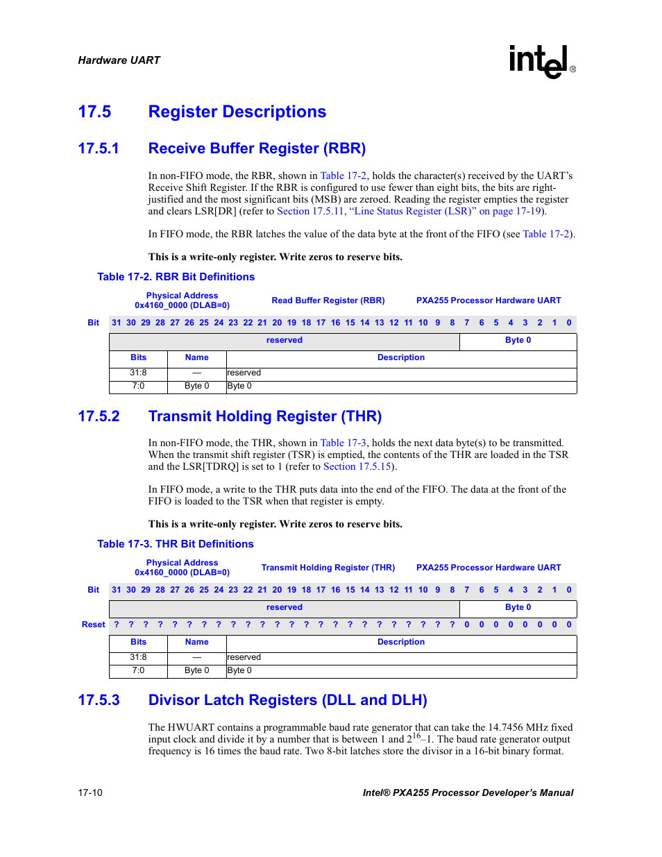 5 register descriptions, 1 receive buffer register (rbr), 2 transmit holding register (thr) | 3 divisor latch registers (dll and dlh), 5 register descriptions -10, Rbr bit definitions -10, Thr bit definitions -10, Section 17.5.3 | Intel PXA255 User Manual | Page 582 / 600