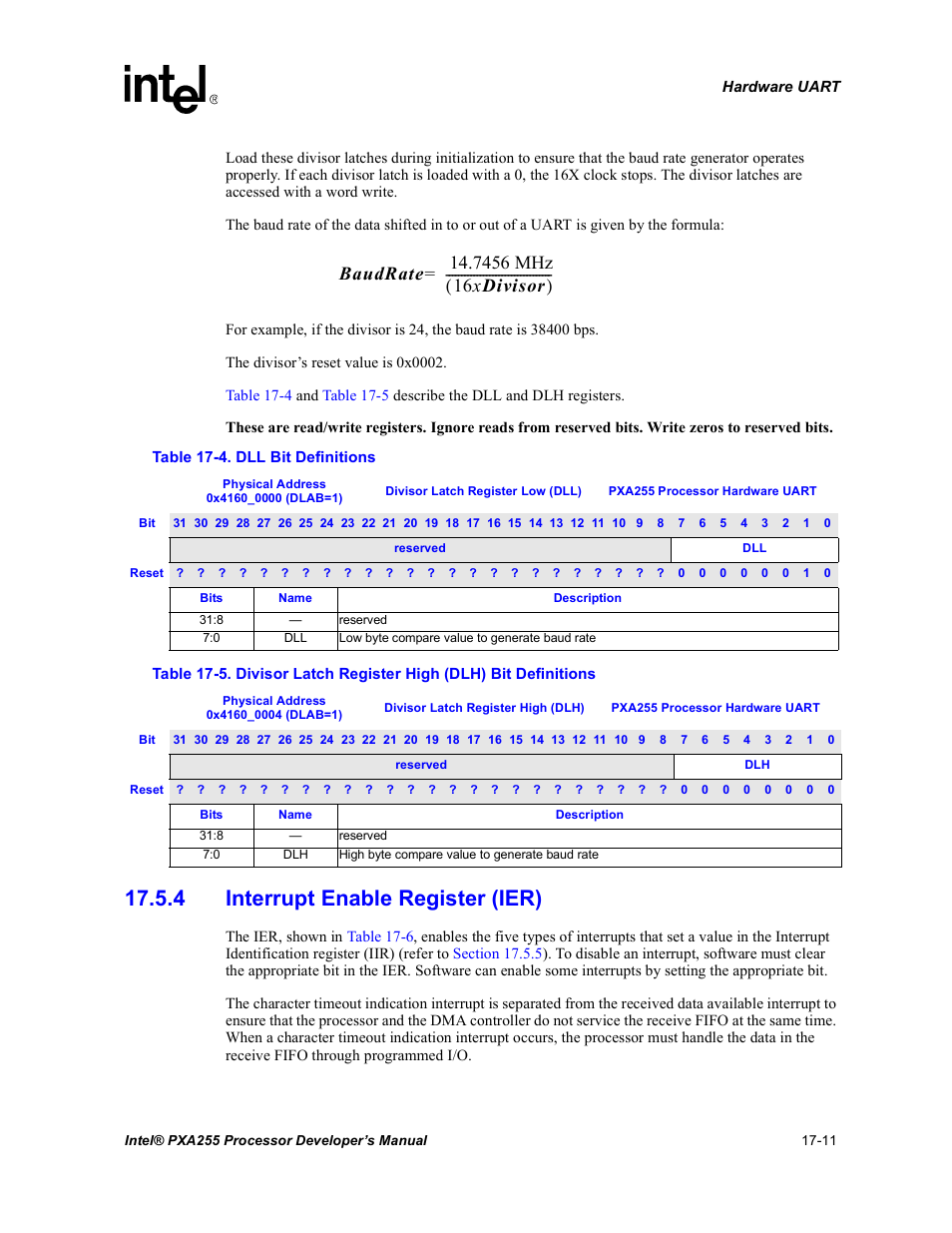 4 interrupt enable register (ier), 4 interrupt enable register (ier) -11, Dll bit definitions -11 | Intel PXA255 User Manual | Page 583 / 600