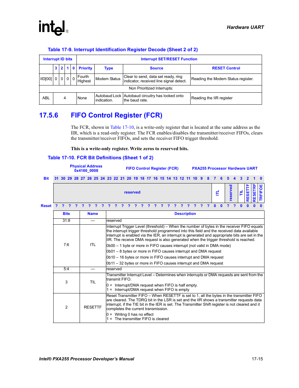 6 fifo control register (fcr), 6 fifo control register (fcr) -15, 10 fcr bit definitions -15 | Intel PXA255 User Manual | Page 587 / 600