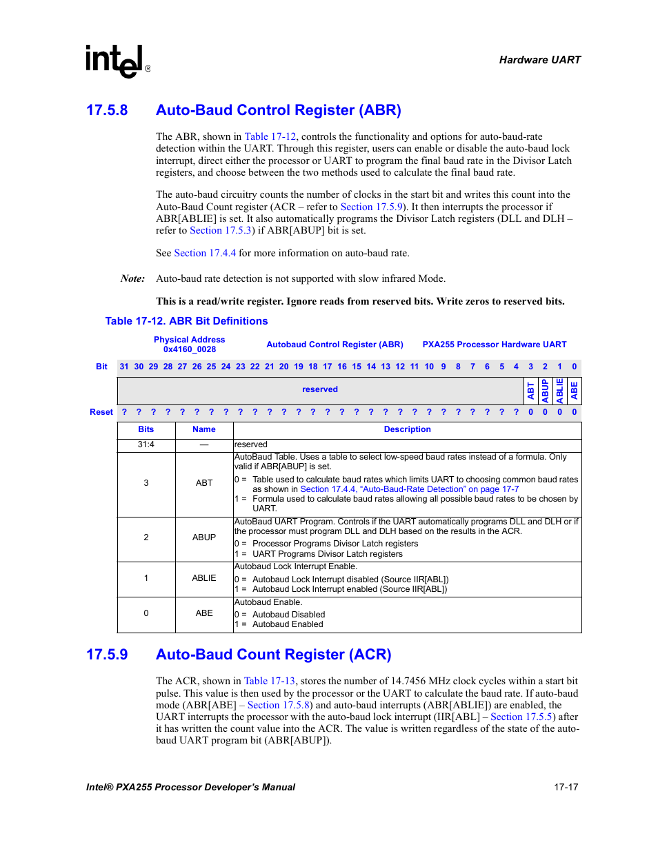 8 auto-baud control register (abr), 9 auto-baud count register (acr), 12 abr bit definitions -17 | Section 17.5.8 | Intel PXA255 User Manual | Page 589 / 600