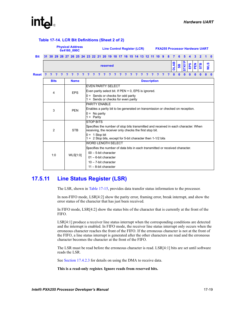 11 line status register (lsr), 11 line status register (lsr) -19 | Intel PXA255 User Manual | Page 591 / 600