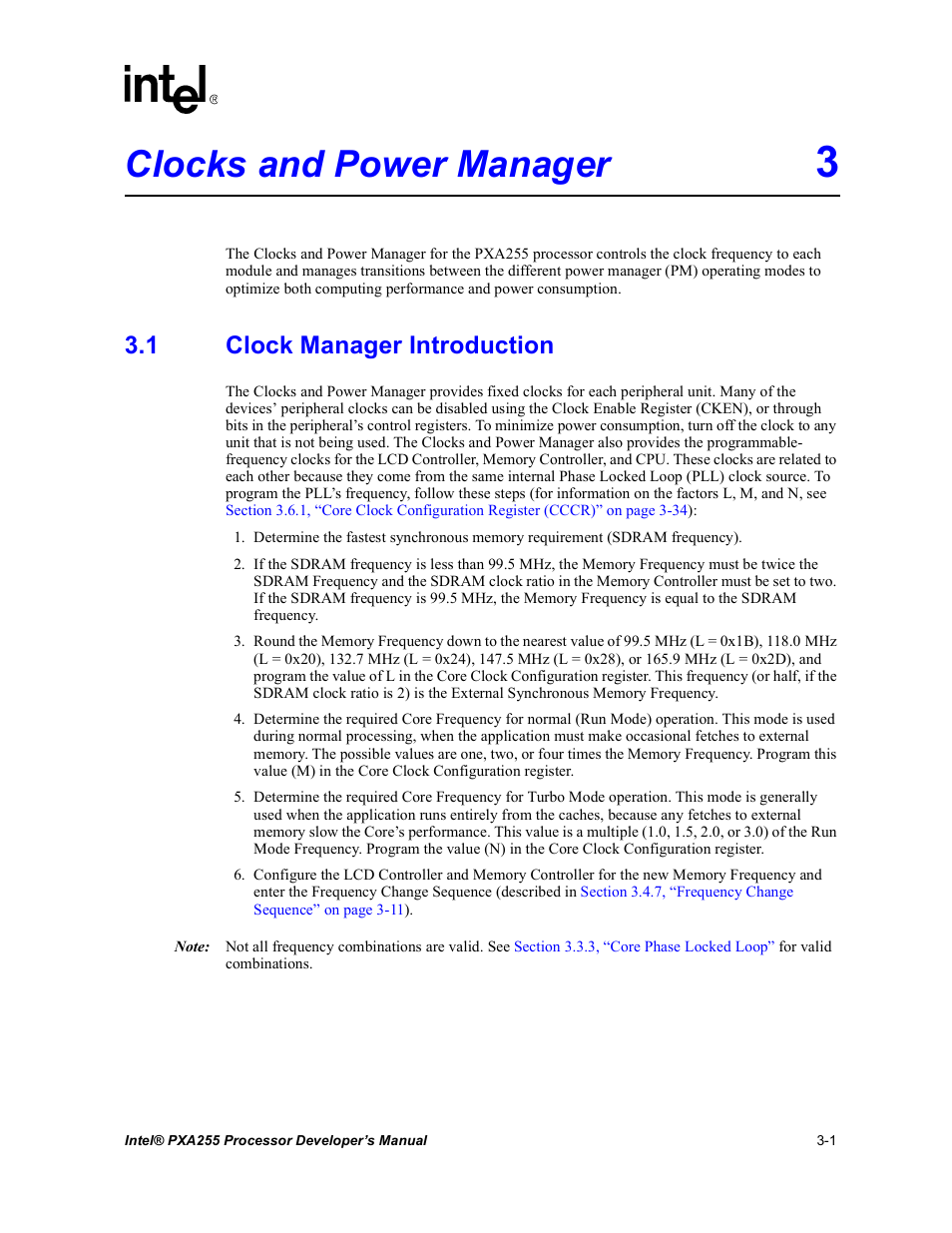 Clocks and power manager 3, 1 clock manager introduction, Clocks and power manager -1 3.1 | Clock manager introduction -1, Clocks and power manager | Intel PXA255 User Manual | Page 63 / 600