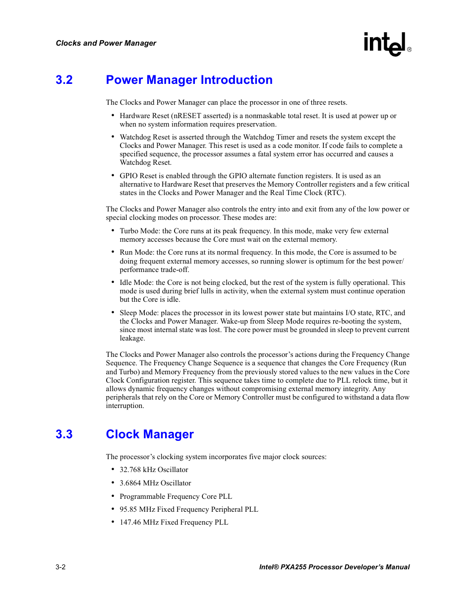 2 power manager introduction, 3 clock manager, Power manager introduction -2 | Clock manager -2 | Intel PXA255 User Manual | Page 64 / 600