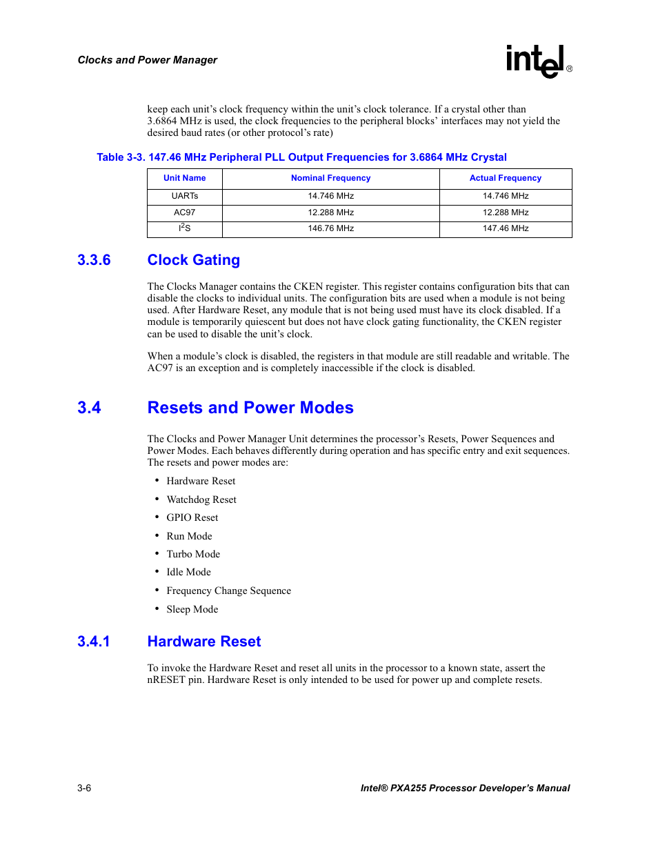 6 clock gating, 4 resets and power modes, 1 hardware reset | Clock gating -6, Resets and power modes -6 3.4.1, Hardware reset -6, Section 3.4, “resets and power modes | Intel PXA255 User Manual | Page 68 / 600