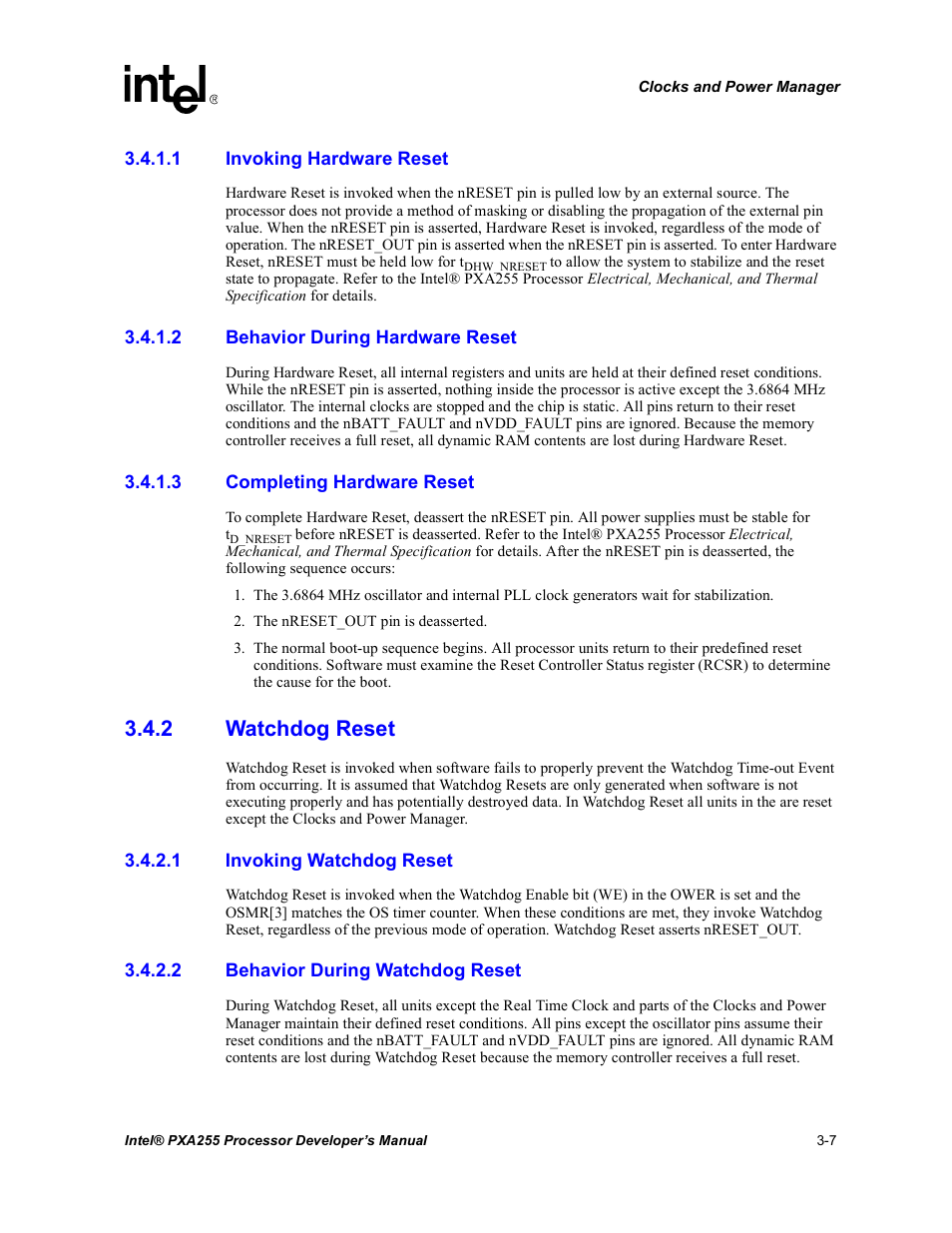 1 invoking hardware reset, 2 behavior during hardware reset, 3 completing hardware reset | 2 watchdog reset, 1 invoking watchdog reset, 2 behavior during watchdog reset, Watchdog reset -7 | Intel PXA255 User Manual | Page 69 / 600