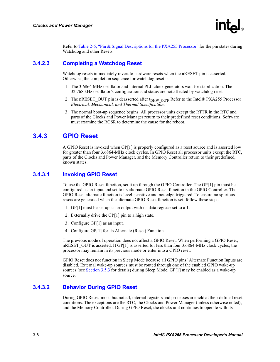 3 completing a watchdog reset, 3 gpio reset, 1 invoking gpio reset | 2 behavior during gpio reset, Gpio reset -8 | Intel PXA255 User Manual | Page 70 / 600