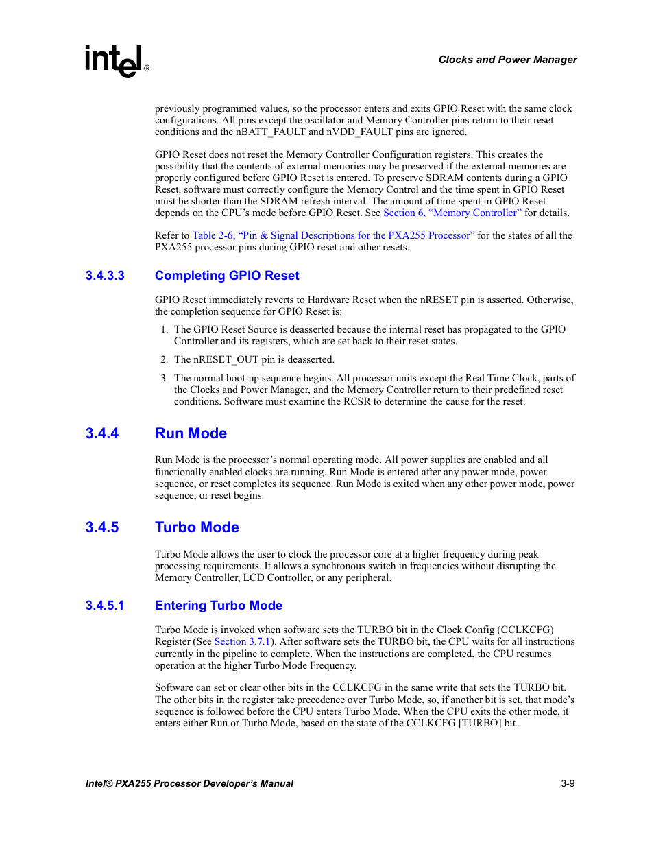 3 completing gpio reset, 4 run mode, 5 turbo mode | 1 entering turbo mode, Run mode -9, Turbo mode -9 | Intel PXA255 User Manual | Page 71 / 600