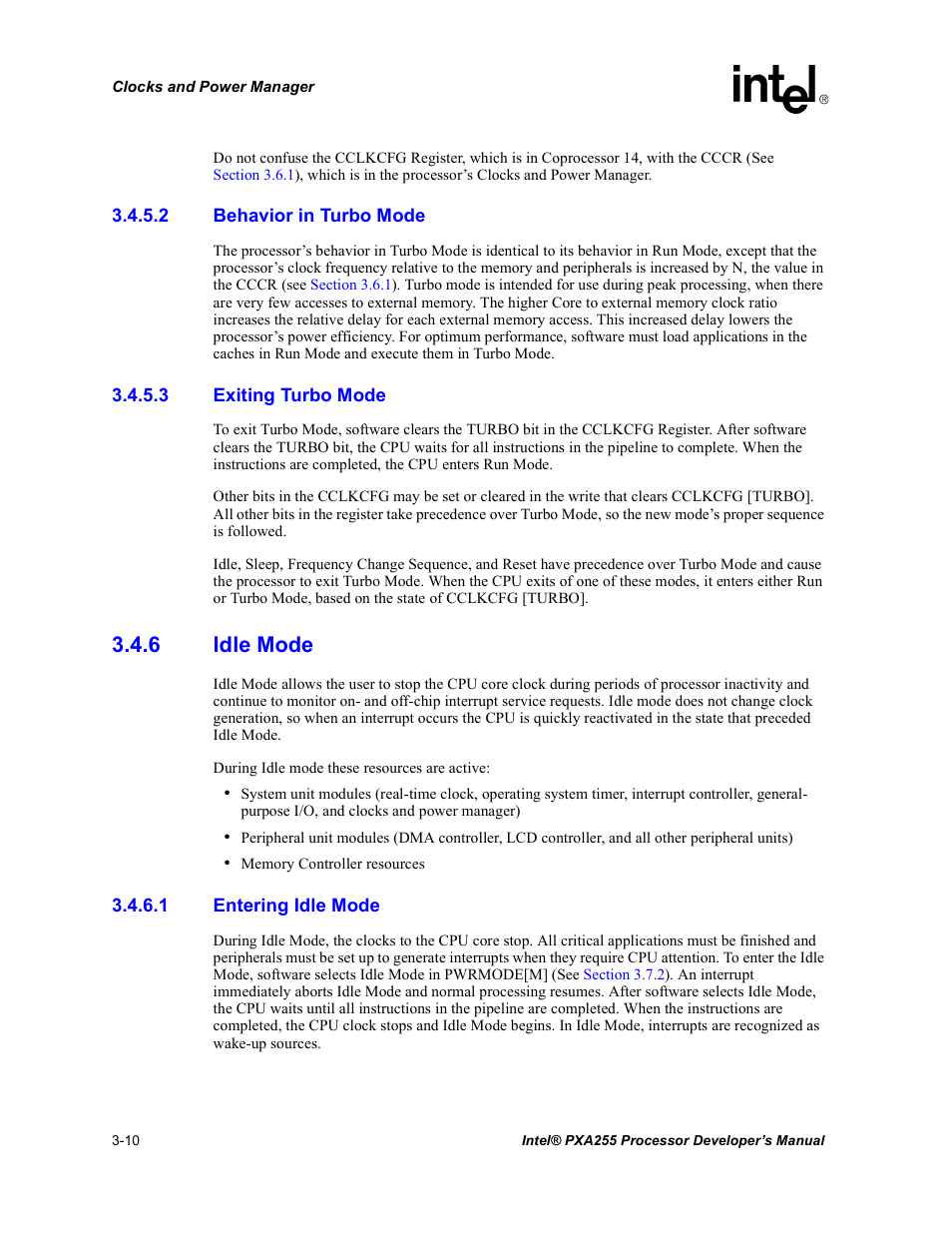 2 behavior in turbo mode, 3 exiting turbo mode, 6 idle mode | 1 entering idle mode, Idle mode -10 | Intel PXA255 User Manual | Page 72 / 600