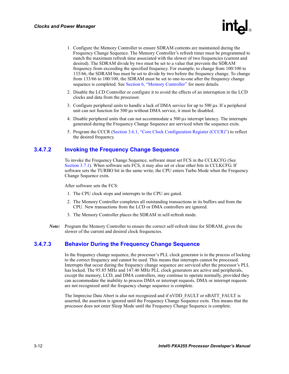 2 invoking the frequency change sequence, 3 behavior during the frequency change sequence | Intel PXA255 User Manual | Page 74 / 600