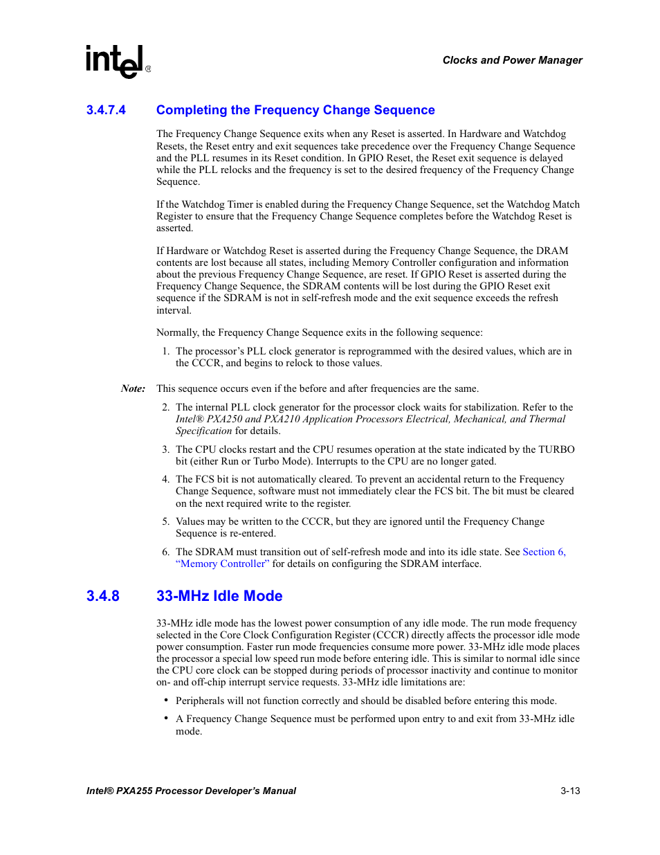 4 completing the frequency change sequence, 8 33-mhz idle mode, Mhz idle mode -13 | Intel PXA255 User Manual | Page 75 / 600