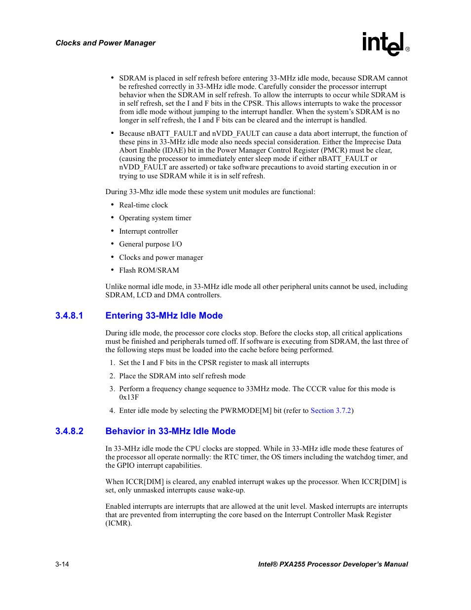 1 entering 33-mhz idle mode, 2 behavior in 33-mhz idle mode | Intel PXA255 User Manual | Page 76 / 600