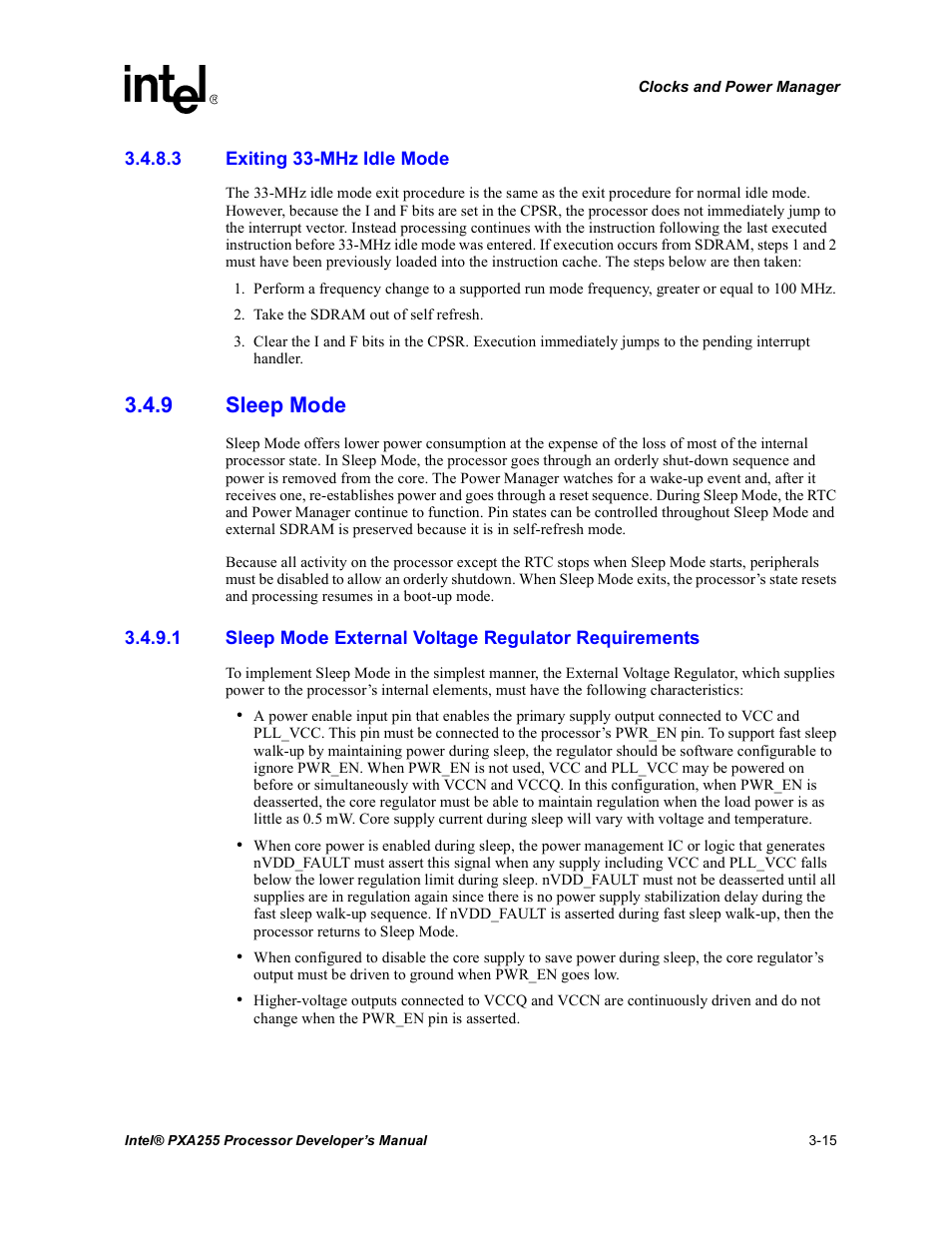 3 exiting 33-mhz idle mode, 9 sleep mode, Sleep mode -15 | Intel PXA255 User Manual | Page 77 / 600