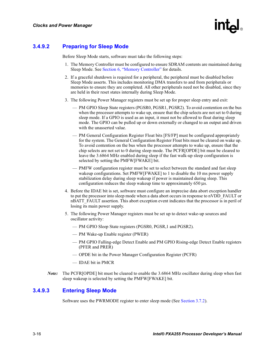 2 preparing for sleep mode, 3 entering sleep mode | Intel PXA255 User Manual | Page 78 / 600