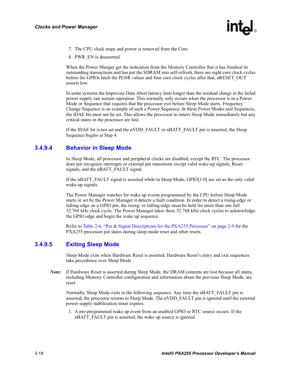 4 behavior in sleep mode, 5 exiting sleep mode | Intel PXA255 User Manual | Page 80 / 600