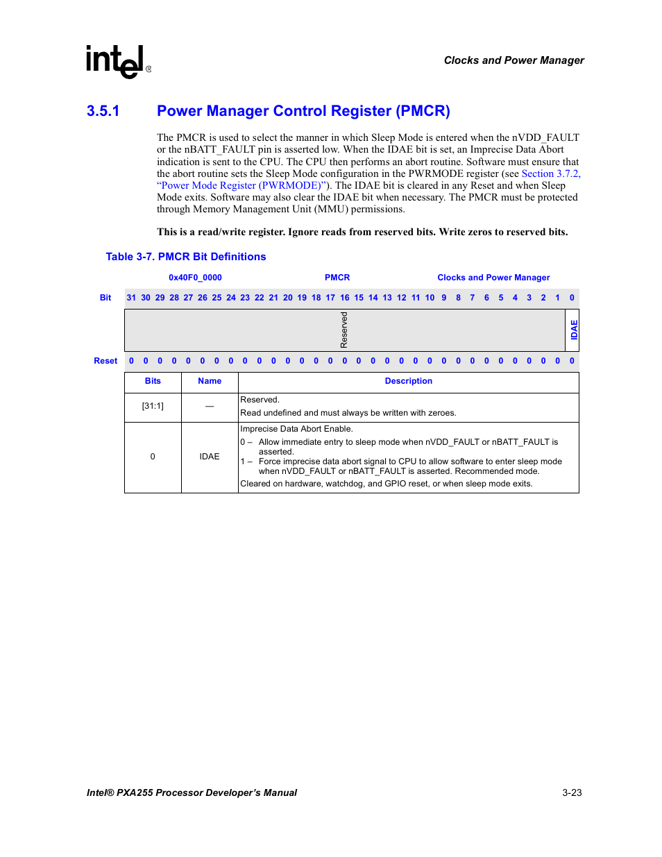 1 power manager control register (pmcr), Power manager control register (pmcr) -23, Pmcr bit definitions -23 | Intel PXA255 User Manual | Page 85 / 600