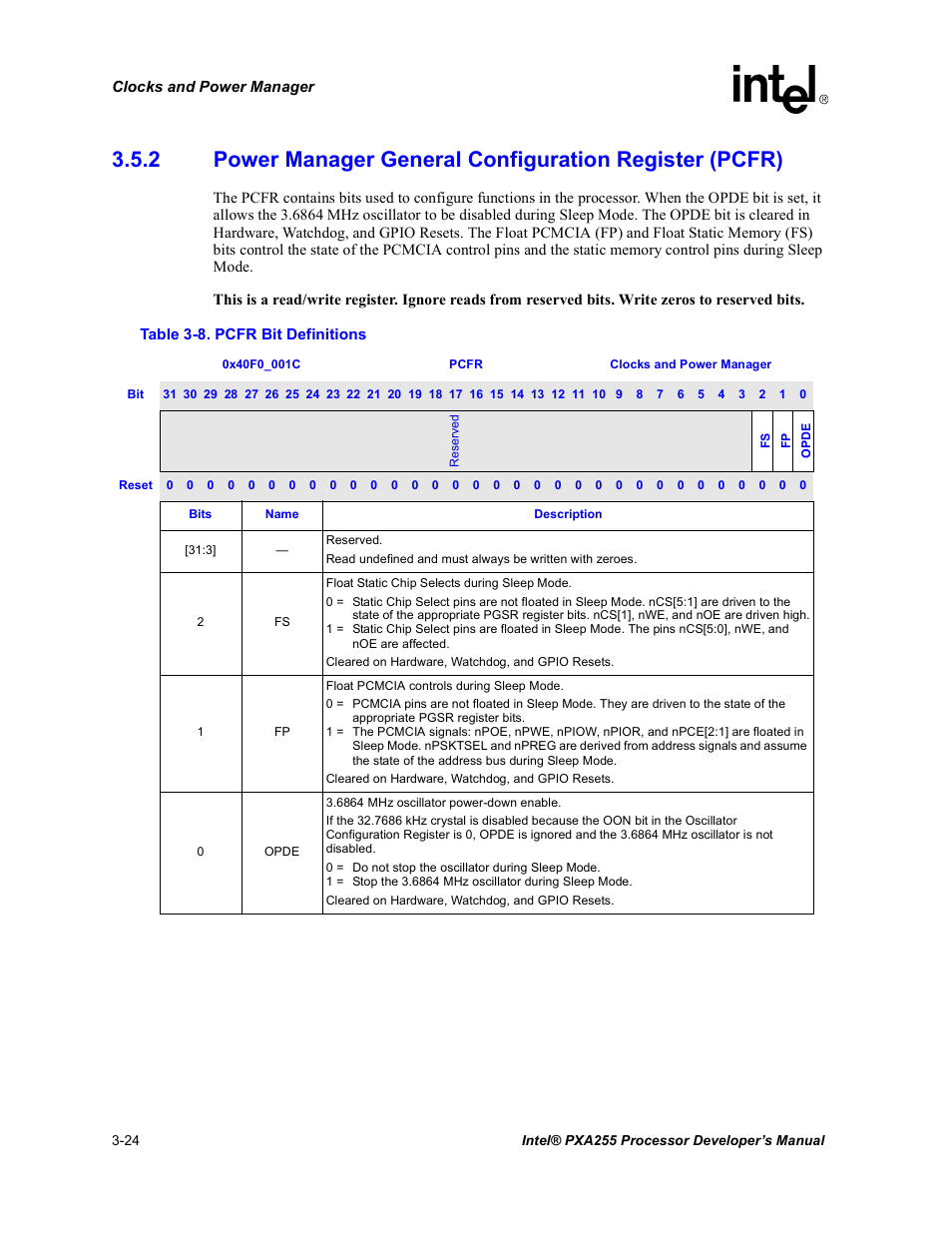 Pcfr bit definitions -24, Section 3.5.2 | Intel PXA255 User Manual | Page 86 / 600