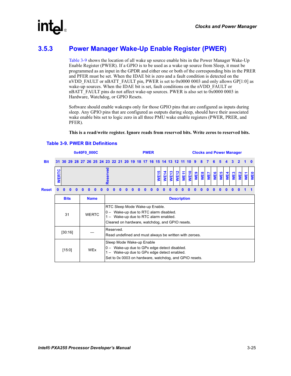 3 power manager wake-up enable register (pwer), Power manager wake-up enable register (pwer) -25, Pwer bit definitions -25 | Section 3.5.3 | Intel PXA255 User Manual | Page 87 / 600