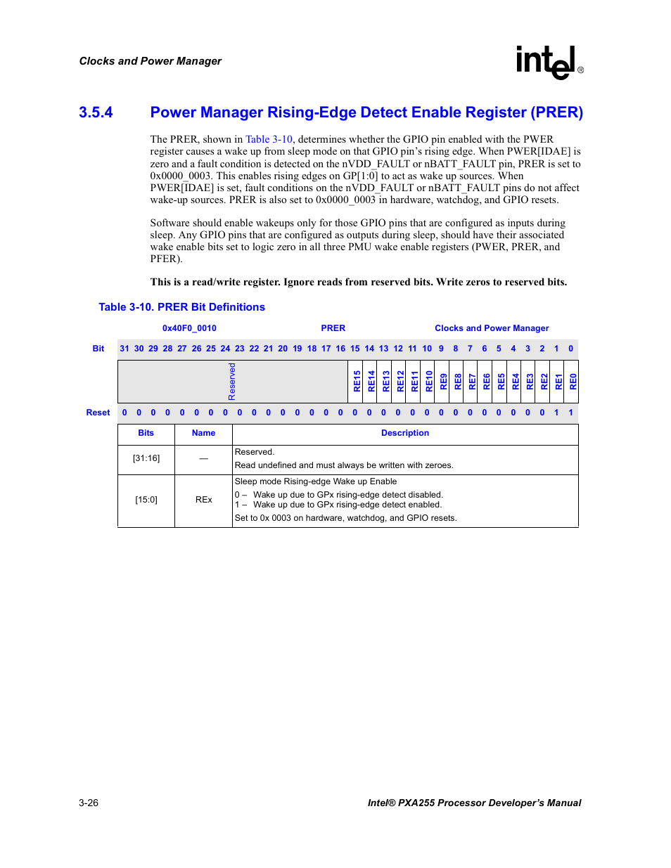 Prer bit definitions -26 | Intel PXA255 User Manual | Page 88 / 600